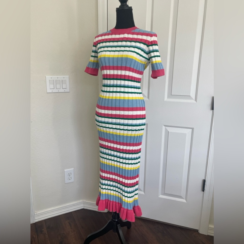 Anthropologie English Factory Striped Cotton Sweater Midi Dress Flounce Hem